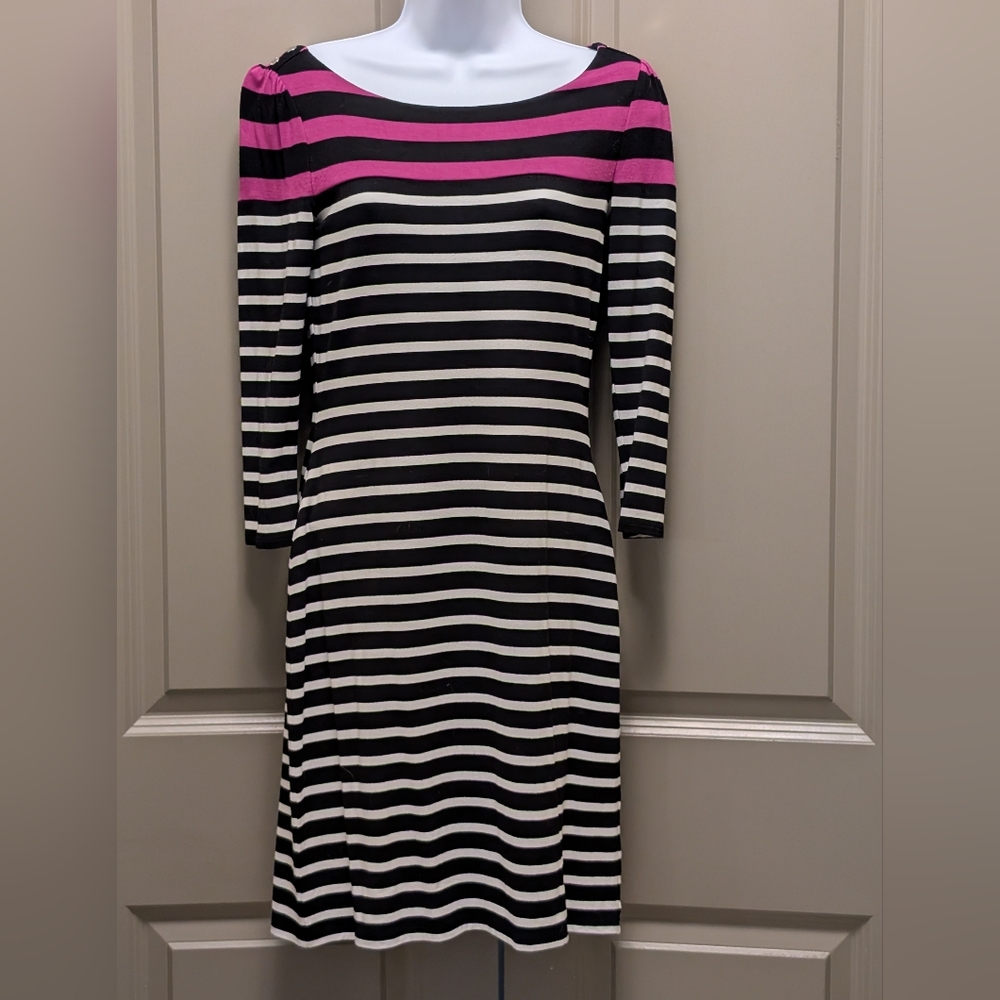 White House Black Market Black, White & Pink Striped Long Sleeve Dress
